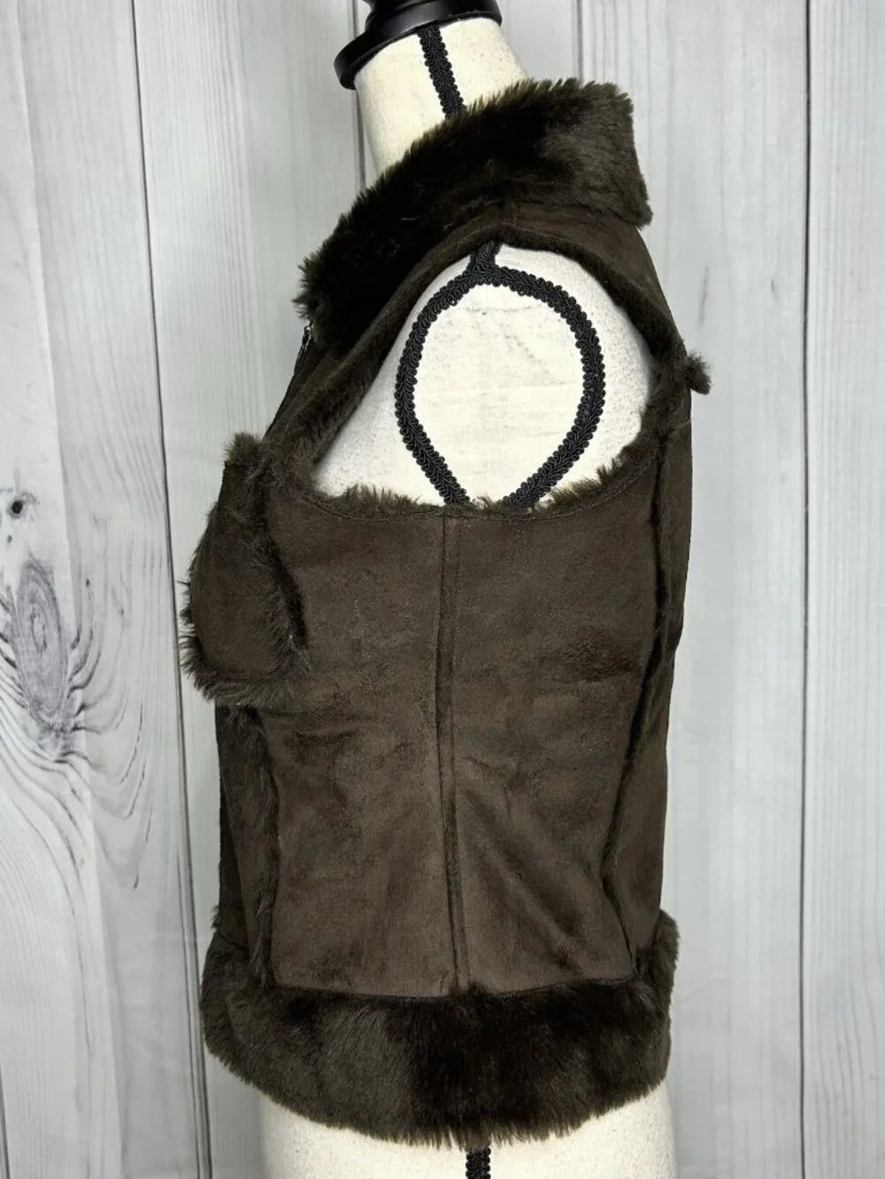 Bebe Faux Fur Suede Vest Womens Sz XS Brown Full Zip Vintage
